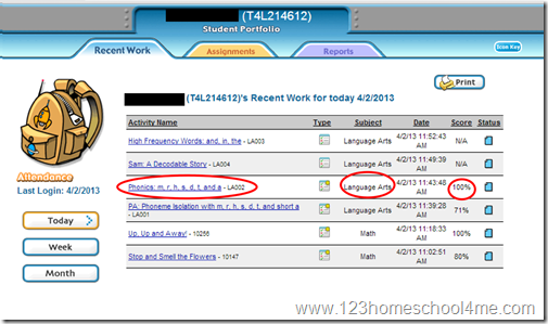 Time4Learning student enrichment work completed and quiz score report Time4Learning student enrichment work completed and quiz score report