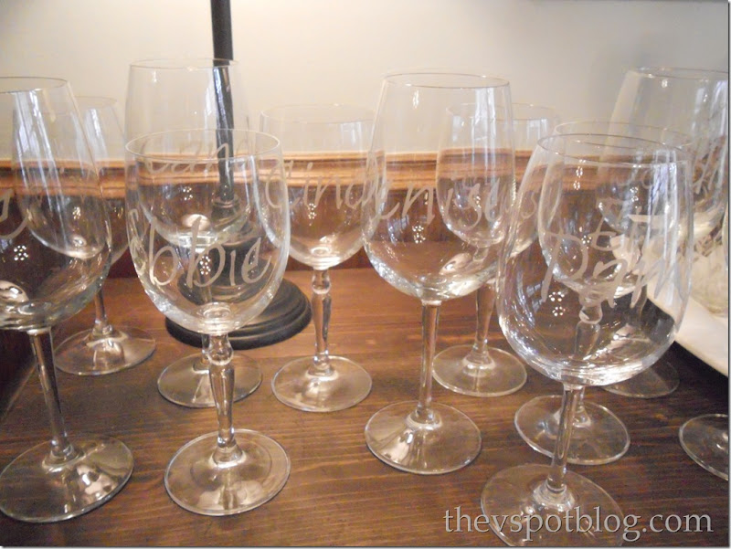 Personalized wine glasses using glass etching cream.