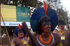 Indigenous people in front of the road that leads to the Belo Monte Dam construction site