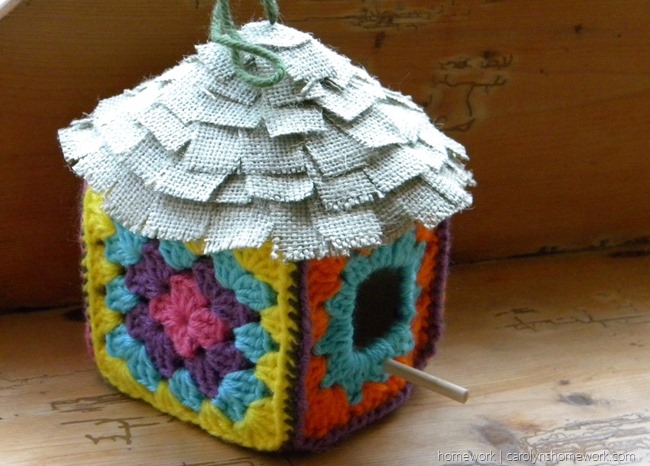 Granny Square Crocheted Birdhouse via homework | carolynshomework.com 