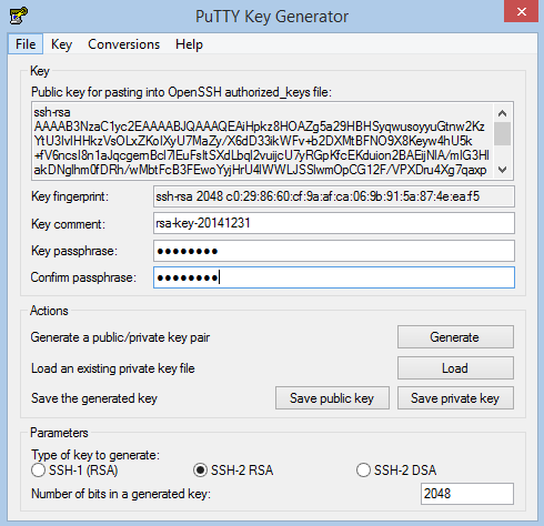Machine generated alternative text: PuTTY Key Generator File Key Conversions Help Public key for pasting into OpenSSH authorized keys file ssh AAAAE3NzaC1yc2EAAAA8JQAAAQEAHpkz8HOAZg5a2SHBHSyqwuso„uGtnw2Kz 4VEncsIen1aJqcgemBc17EuFsftSXdLbq12vuijcU7yRGp&EKduion2BAajNIA/mIG3HI akDNgIhmffDRh/wMbtFc83FEwoYyjHrU4WWLJSS1wmOpCG12FNPXDru4Xg7qaxp v Key fingerprint Key comment Key p assphrase 'E key-20141231 Save public key Generate Save private key Confirm p assphrase Generate a public/private key pair laad an existing private key file Save the generated key Parameters Type of key to generate SSH-I (RSA) @SSH-2 RSA O SSH-2DSA Number of bits In a generated key 