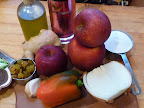 Ingredients for apple chutney-mustard seeds in far left corner.