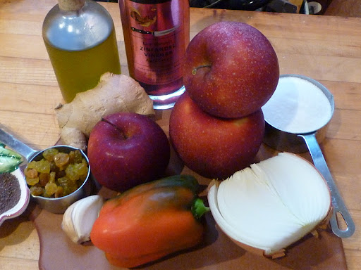 Ingredients for apple chutney-mustard seeds in far left corner.