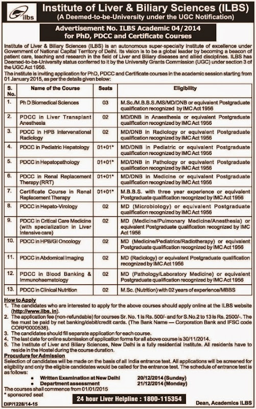 ILBS Biomedical Sciences PhD Admissions 2014