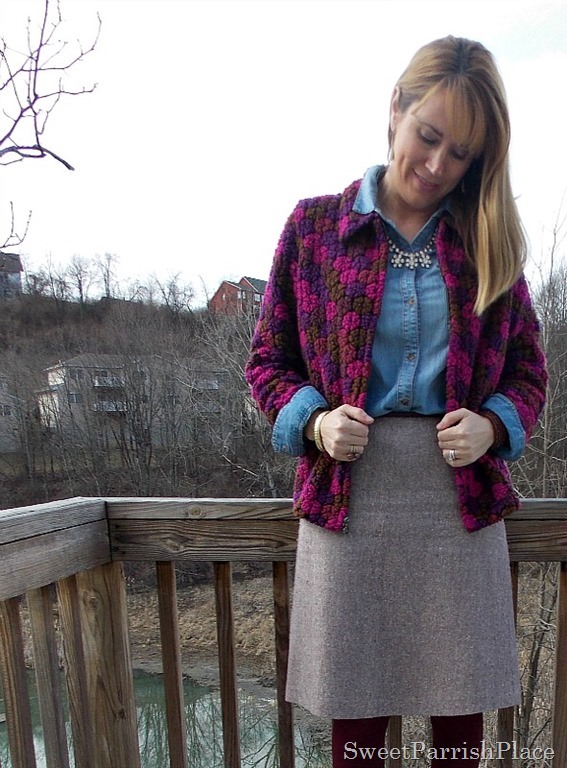 Vintage jacket, denim shirt, wool skirt, marsala tights, brown booties2
