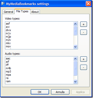MyMediaBookmarks formati video e audio supportati