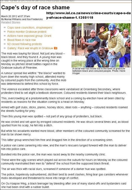 RACIAL VIOLENCE BREAKS OUT IN GRABOUW SOUTH AFRICA BETWEEN COLOUREDS AND BLACKS FOREIGNERS MAR202012
