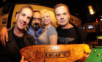 Brad & Bruce on each end along with Morizen Foche & Krissy Jeannie. Mofo presented Bruce with one of his old model boards with many autographs fro friends and skaters.
