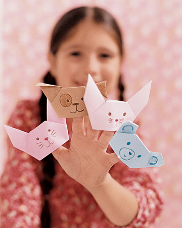 With just some paper, some folding, and color pencils you can create a myriad of finger puppets with our easy how-to: http://www.marthastewart.com/269662/origami-finger-puppet-and-flowers