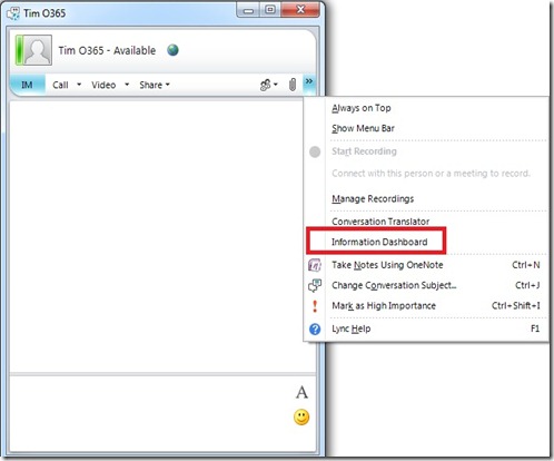 lync add-in - infodash - menu