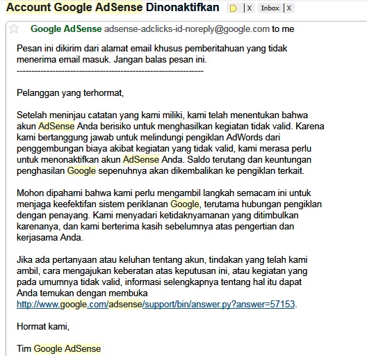 Pagi ini Akun Adsense Di Banned