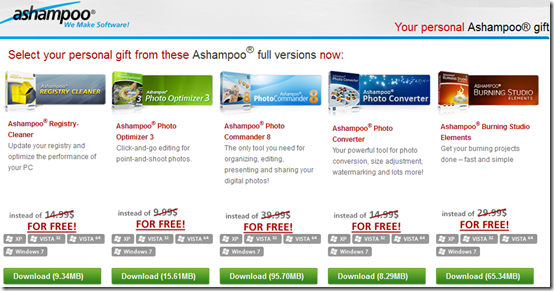 Pagina di download promozionale 5 programmi Ashampoo Pagina di download promozionale 5 programmi Ashampoo