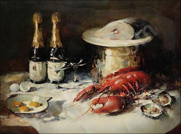 Simon Van Gelderen, Nature morte aux huitres, homard, poisson et champagne Simon Van Gelderen, Nature morte aux huitres, homard, poisson et champagne