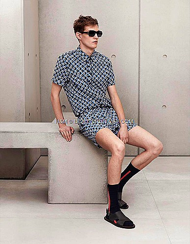 Marni H&M Mens Printed shirt, Swim Shorts, Sunglasses, Mens Sock, Mens Black Leather Sandals