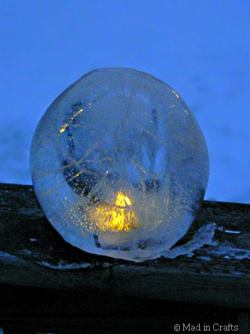 lit clear ice lantern