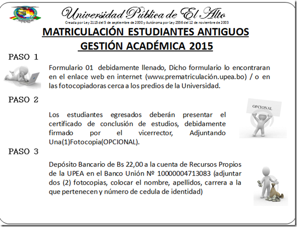Matriculación UPEA 2015: Estudiantes Antiguos - La UPEA Matriculación UPEA 2015