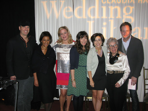 The wonderful panel of wedding industry experts. From left: Caterer Peter Callahan, dress designer Amsale, Claudia Hanlin of The Wedding Library, event planner Mindy Weiss, myself, baker Sylvia Weinstock, and florist Matthew Robbins.