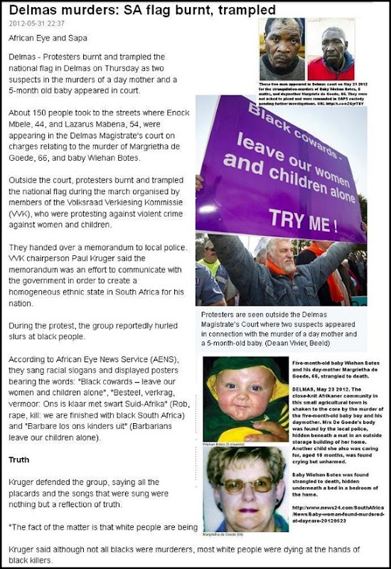 BOTES DE GOEDE MURDERS DELMAS protest BlackCowardsLeaveOurWomenAndChildrenAloneTryMe Baby Botes MargrietaDeGoedeMurders PAUL KRUGER