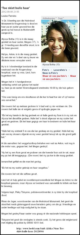 Botha Alysa Krugersdorp HighSchool PUppil murdered Muldersdrift smallholding Sept52012 BEELD
