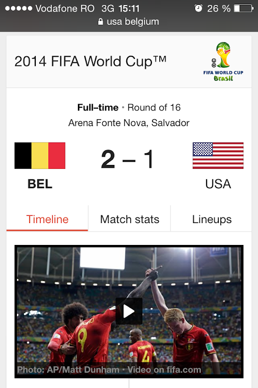 Google FIFA World Cup One Box USA vs Belgium on mobile