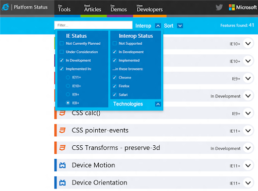 New filters on status.modern.IE