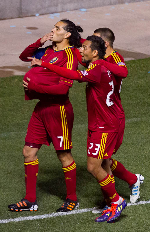 Real Salt Lake's Fabian Espindola (7) puts the ball under his shirt and blows a kiss to his pregnant wife after scoring a first half goal vs. New York Red Bulls