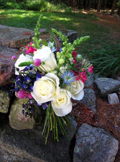 white, pink and blue bouquet