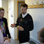 Composer Áki Ásgeirsson seems to be explaining something or making a joke