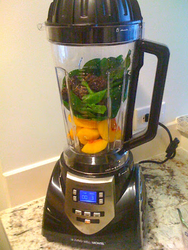 The makings of the Peach, Berry, and Spinach Smoothie. The makings of the Peach, Berry, and Spinach Smoothie.