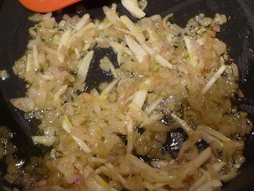 Shallots and garlic being sauteed.