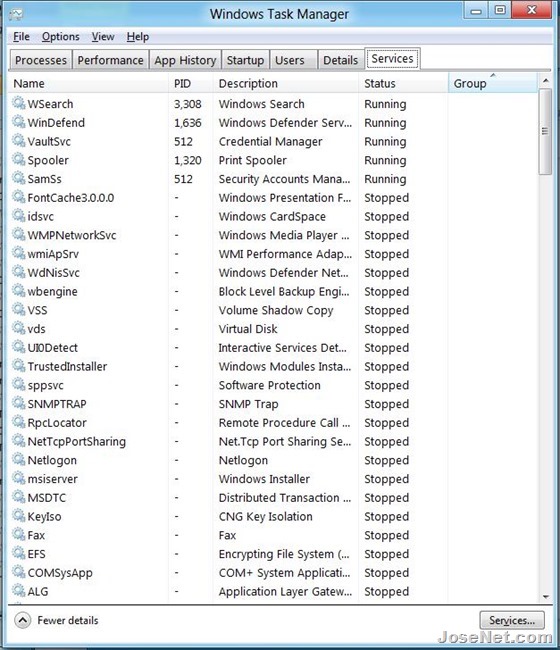 Windows 8 Task manager Services Tab