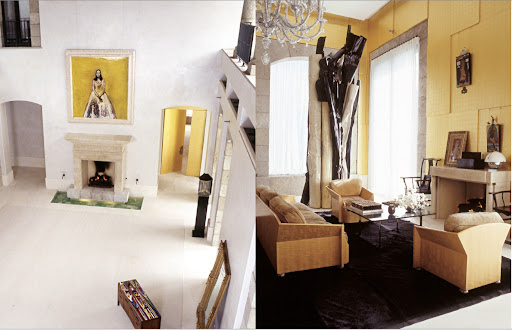 At Eva Chow's, actual gold-leaf walls offset the sofa and armchairs by Pierre Chareau. An 18th-century Murano glass chandelier hangs above. At Eva Chow's, actual gold-leaf walls offset the sofa and armchairs by Pierre Chareau. An 18th-century Murano glass chandelier hangs above.