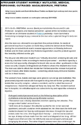AFRIKAANS STUDENT MUTILATED RAPED MAGALIESKRUIN PRETORIA OCT282011 SAPS ALLOWED MAN TO ESCAPE