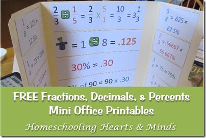 fractions, decimals, and percents mini office printables @http://homeschoolheartandmind.blogspot.com