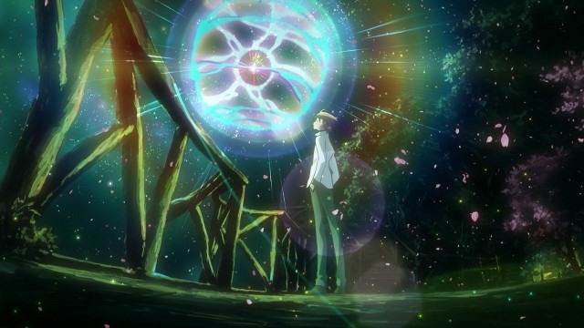 Ryouichi stands casually outside at night looking up at a spectacular glowing energy ball in front of him