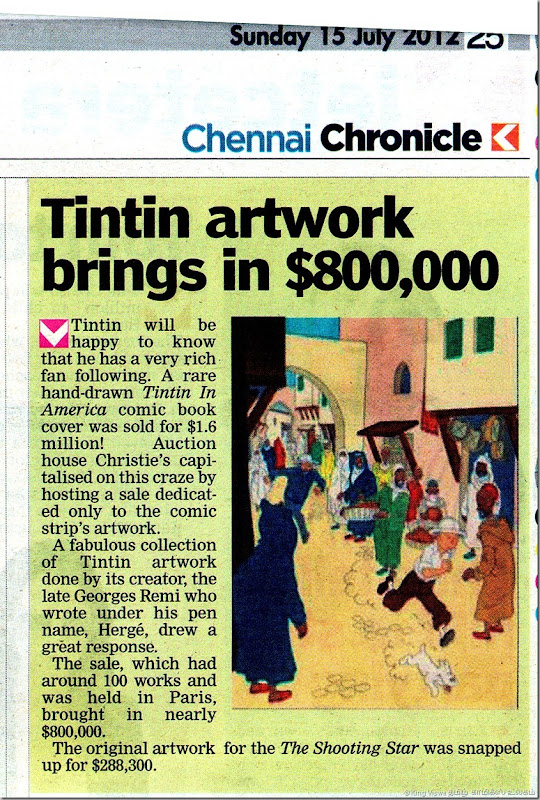 Deccan Chronicle Chennai Edition Chennai Chronicle Dated 15072012 Page No 25 TinTin Original Artwork Sale Article