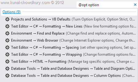 Visual Studio 2012 Quick Launch - Search for Options