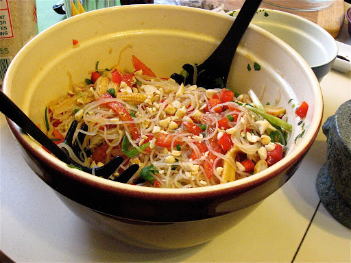 The hot and sour salad included thin rice noodles that we boiled and canned baby corn, tomatoes, red bell pepper, and toasted peanuts. It had a simple dressing of lime, soy sauce, and sugar.
