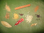 These are some of the spices we used (from left): ground and whole coriander, bay leaves, cinnamon stick, fenugreek seeds, cloves, dried hot Indian chiles, fennel seeds, garam masala, peppercorns, and cardamom pods.