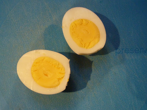 Perfect hard-cooked egg-notice no greenish ring around the yolk.