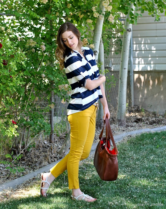 Bold navy and white stripes + yellow skinnies