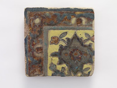 Corner piece tile | Origin:  Iran | Period: 17th century  Qajar period | Details:  Not Available | Type: Cuerda seco earthenware | Size: H: 16.9  W: 16.7   D: 2.8  cm | Museum Code: F1908.76 | Photograph and description taken from Freer and the Sackler (Smithsonian) Museums.