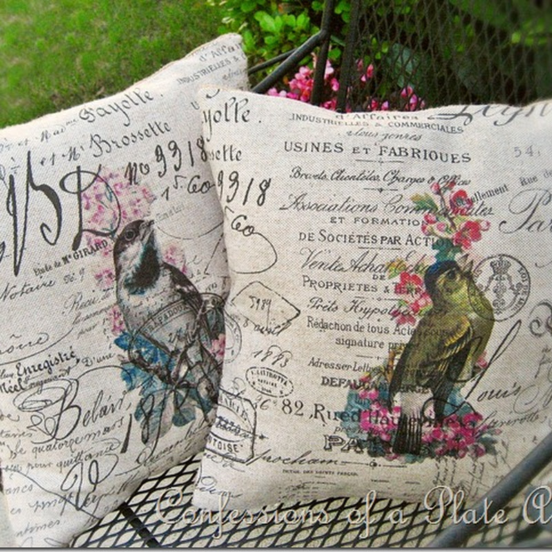 DIY Vintage French Script Bird Pillows...and an Interview on the Back Porch