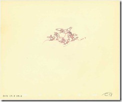 From Dumbo (1941).  A pencil sketch of the crows sitting on a telephone line.  Pencil in red.  "2006.19.229.0"  "C9"  10h X 12"W.  Circa 1941. Unframed Item: 12"W x 10"H  SeqID-0498  Acquired 2000.<br /><br />Wikipedia 8/9/2005-Dumbo note below: The crow characters in the film are in fact African-American caricatures; the leader crow voiced by Caucasian Cliff Edwards is officially named "Jim Crow". The other crows are voiced by African-American actors, all members of the Hall Johnson Choir. 