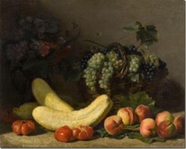 Jacques Delanoy, Nature morte aux pêches, tomates, raisins et courges Jacques Delanoy, Nature morte aux pêches, tomates, raisins et courges