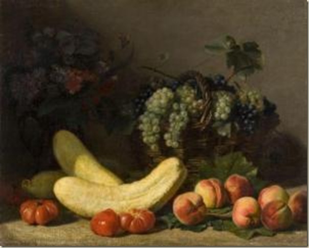 Jacques Delanoy, Nature morte aux pêches, tomates, raisins et courges