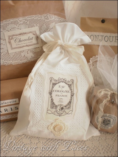 Fabric Gift Bag with Fench Label by Vintage with Laces Fabric Gift Bag with Fench Label by Vintage with Laces