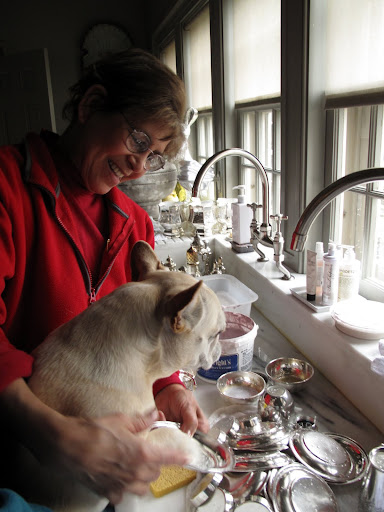 Oh goody!  Laura is cleaning Martha's silver.  I've read that silver has a bad habit of tarnishing when it is exposed to air or water containing ozone or hydrogen sulfide.