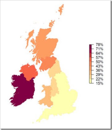 Map of estimated Irish ethnicity from AncestryDNA study