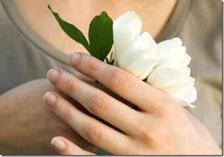 Woman holding white flowers, close-up of hands